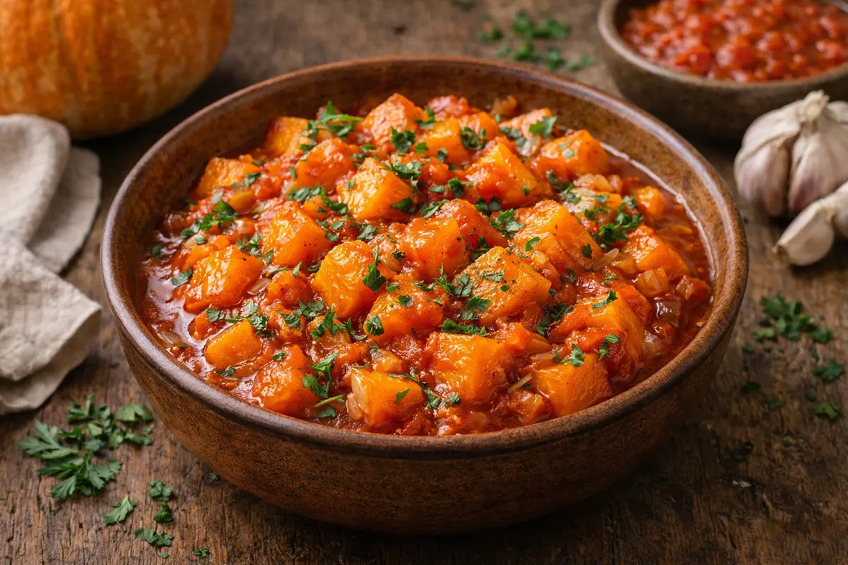 Roasted Pumpkin in Tomato and White Wine Sauce 3 Pumpkin Stewed in Tomato Sauce
