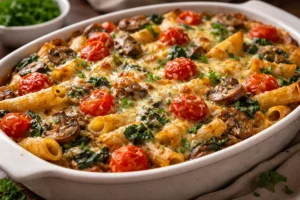 Baked Mushroom and Spinach Pasta Casserole with Cherry Tomatoes