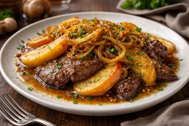 plate of Berlin-style veal liver served with caramelized apples and golden fried onions, gourmet dish on a rustic table