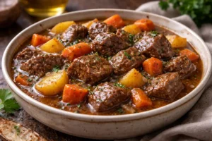 Tender chunks of beef stew cooked in apple cider with carrots, potatoes and herbs in a rich sauce served in a rustic bowl