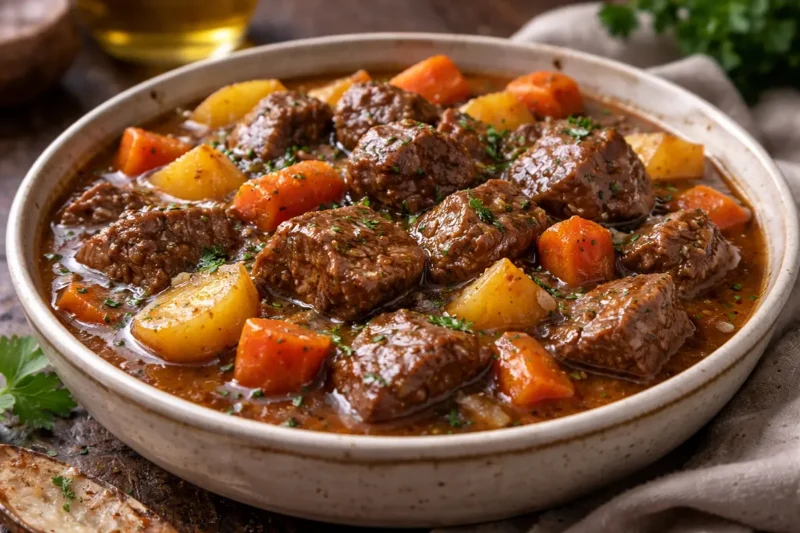 Tender chunks of beef stew cooked in apple cider with carrots, potatoes and herbs in a rich sauce served in a rustic bowl