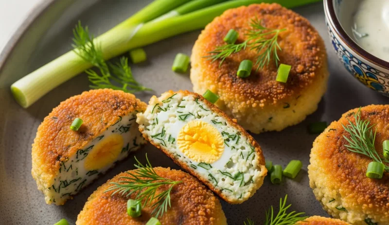 A close-up of golden-brown crispy egg cutlets garnished with fresh green onions and chopped dill on a ceramic plate. One cutlet is sliced in half.