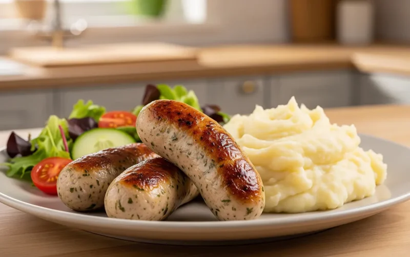 Easy Homemade Chicken Sausages 3 A professional shot of juicy homemade chicken sausages served with creamy mashed potatoes and a fresh side salad on a rustic plate