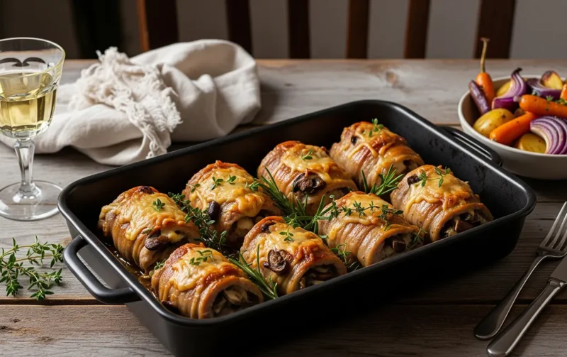 Pork-Wrapped Bake with Stuffed Mushrooms, Cheese, and Herbs 3 Savory Pork Wrapped Bake Stuffed with Mushrooms, Cheese, and Herbs