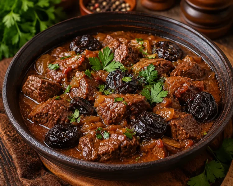 Braised Beef with Prunes 3 Braised beef with prunes served in a rustic bowl