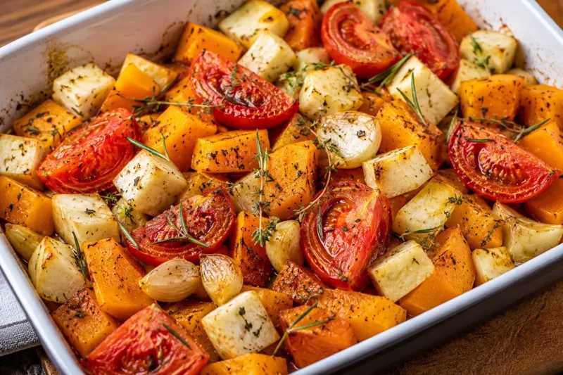 Simple Oven-Roasted Vegetables with Rosemary and Thyme 3 Oven-roasted vegetables with pumpkin tomatoes and herbs