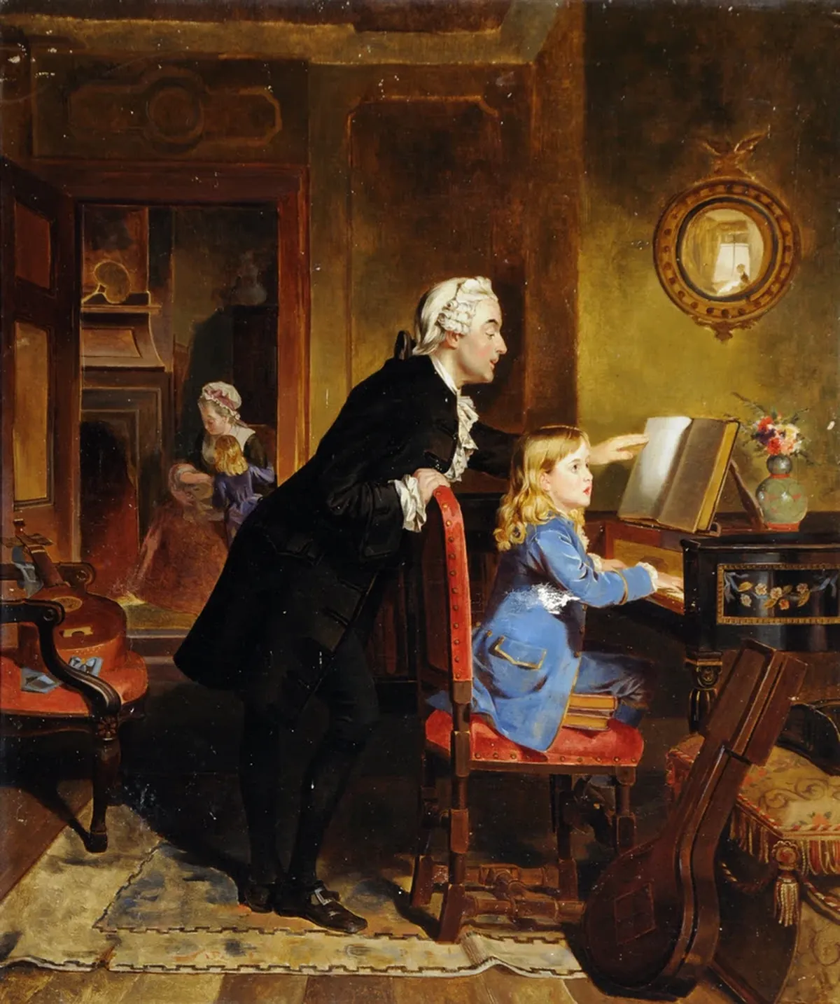 Father teaching young Wolfgang to play the piano batko navchaye moczarta gri na fortepiano. hudozhnyk эbenejzer krouford