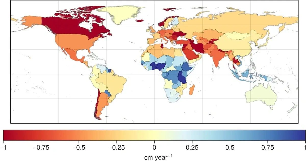 Trends in terrestrial water accumulation (February 2003–April 2024), averaged by country. (Chandanpurkar et al., Sci. Adv., 2025)