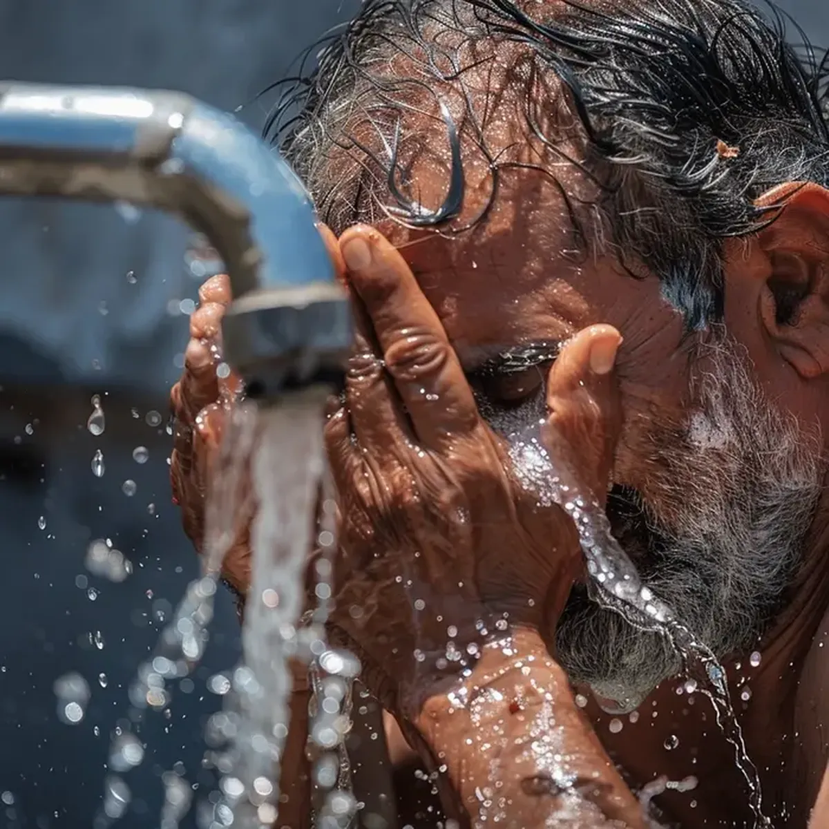 A man washing his face with water.