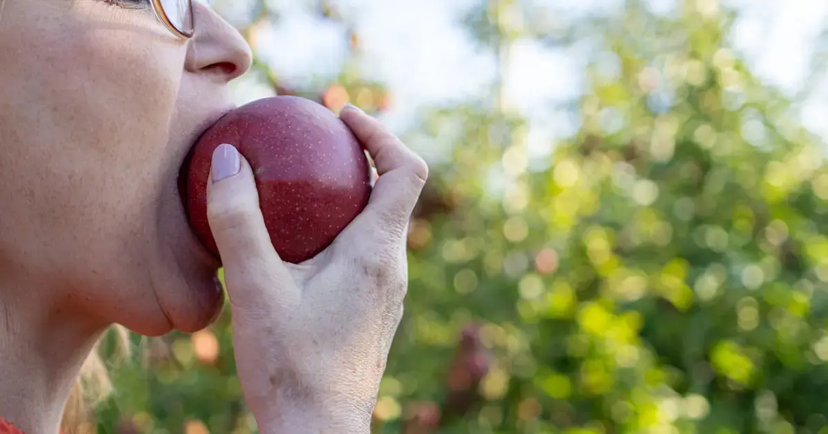 How Your Diet Shapes Gum Health 5 A woman eating an apple.