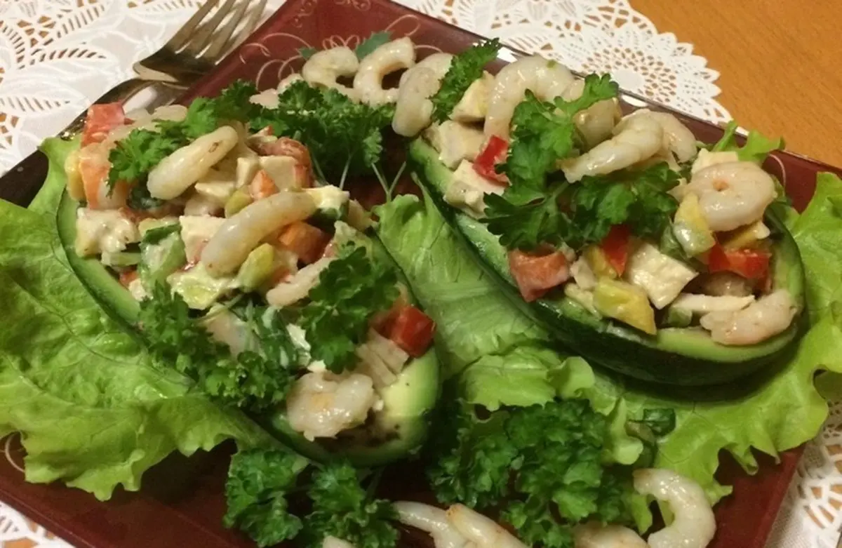 Shrimp and Avocado Salad Served in the Avocado Shell 3 Elegant Shrimp and Avocado Salad