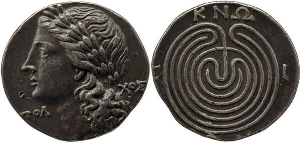 2,000-Year-Old Stone Labyrinth in India Points to Ancient Roman Trade 4 Ancient Cretan coin depicting a labyrinth