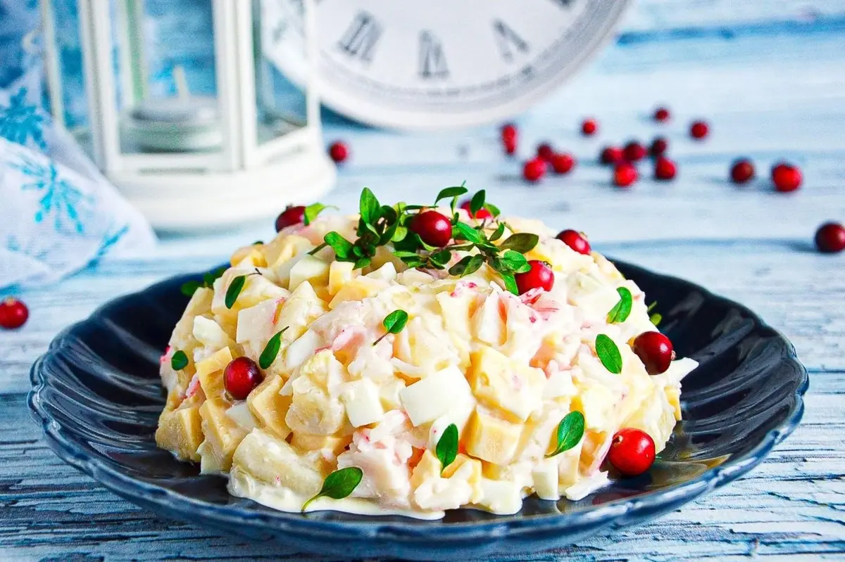 A Simple Pineapple, Cheese, and Crab Stick Salad for Parties and Weeknights 3 For celebrations and everyday meals: salad with pineapple, cheese, and crab sticks