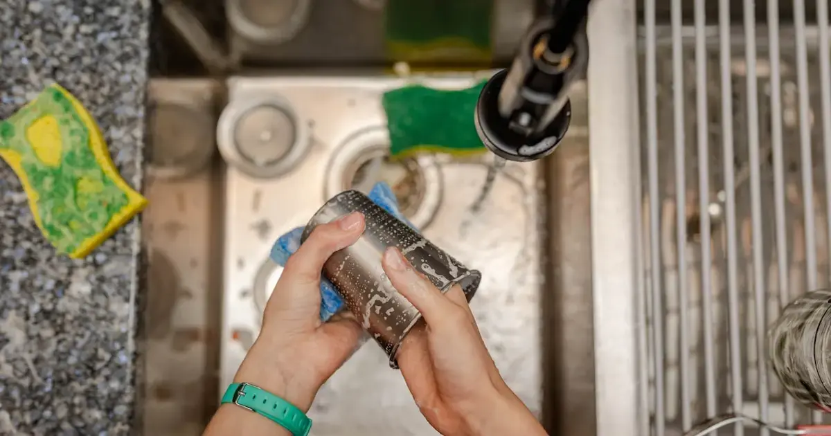 a woman washing dishes