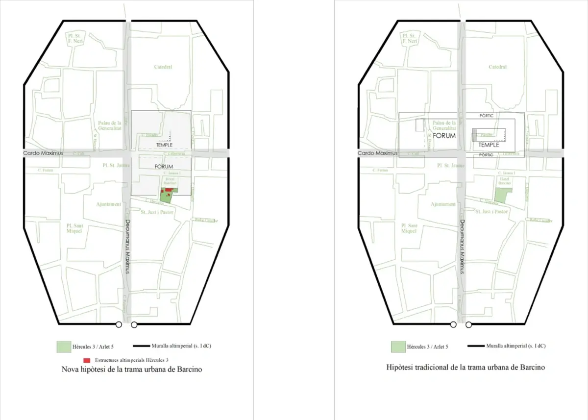 A 2,000-year-old Roman forum turned up under a Barcelona hotel — and it's rotated 90° 6 Left: New hypothesis for the Barcino forum. Right: Traditional hypothesis for the Barcino forum. Illustrations by Jordi Amorós (AGER Archaeology)