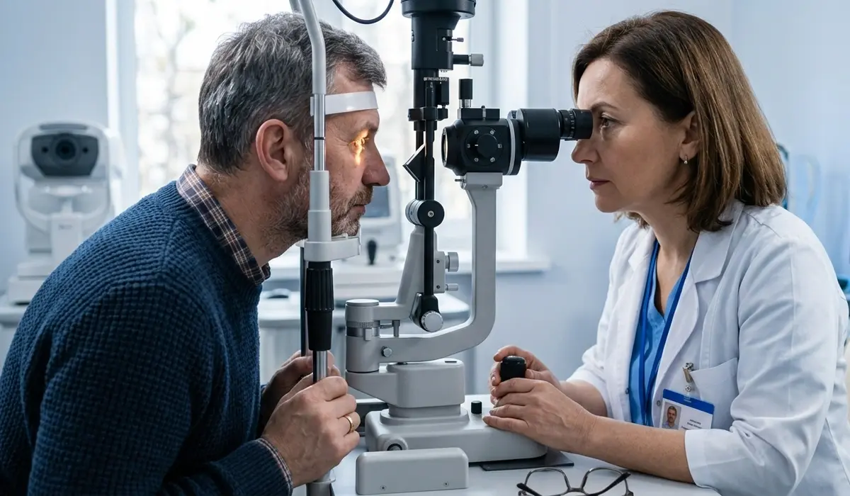 Eye floaters: when they mean a vision emergency 4 Ophthalmologist examines a man's eyes