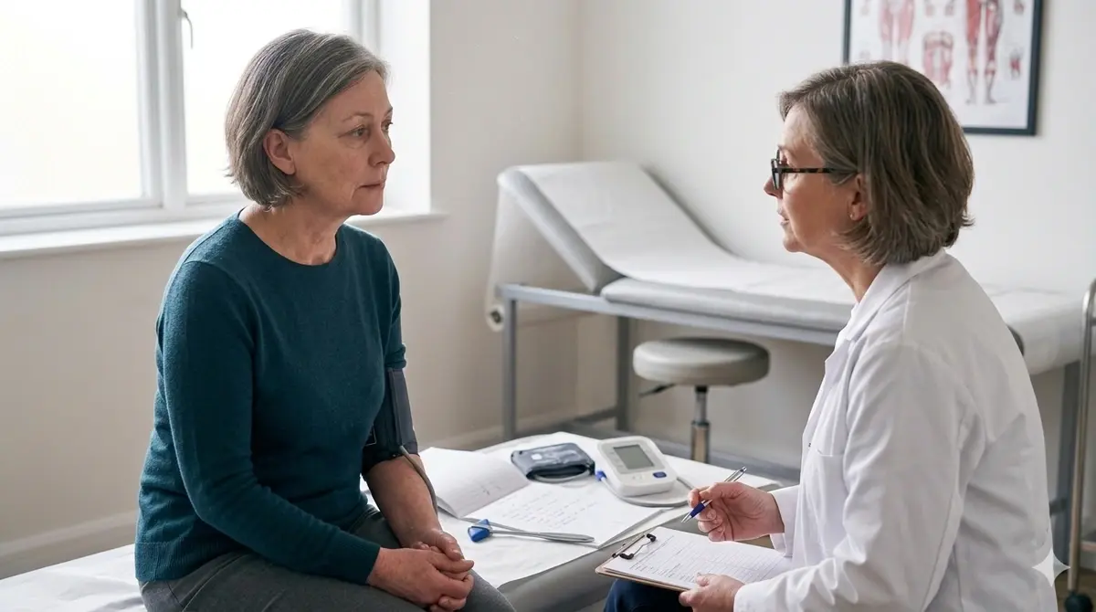 A 50-year-old woman at a doctor's appointment