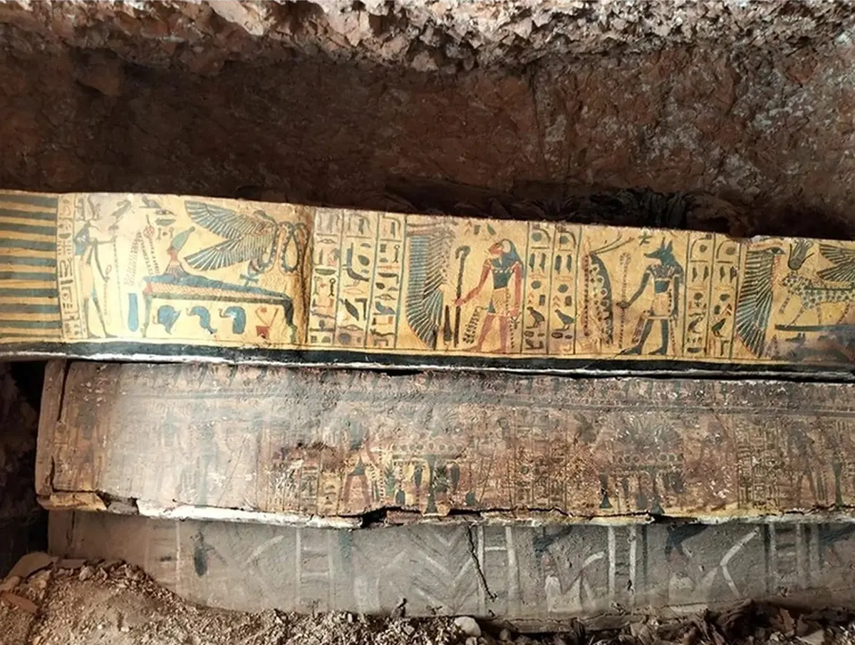 Rare sarcophagi and papyri discovered in a rock shelter in Egypt.
