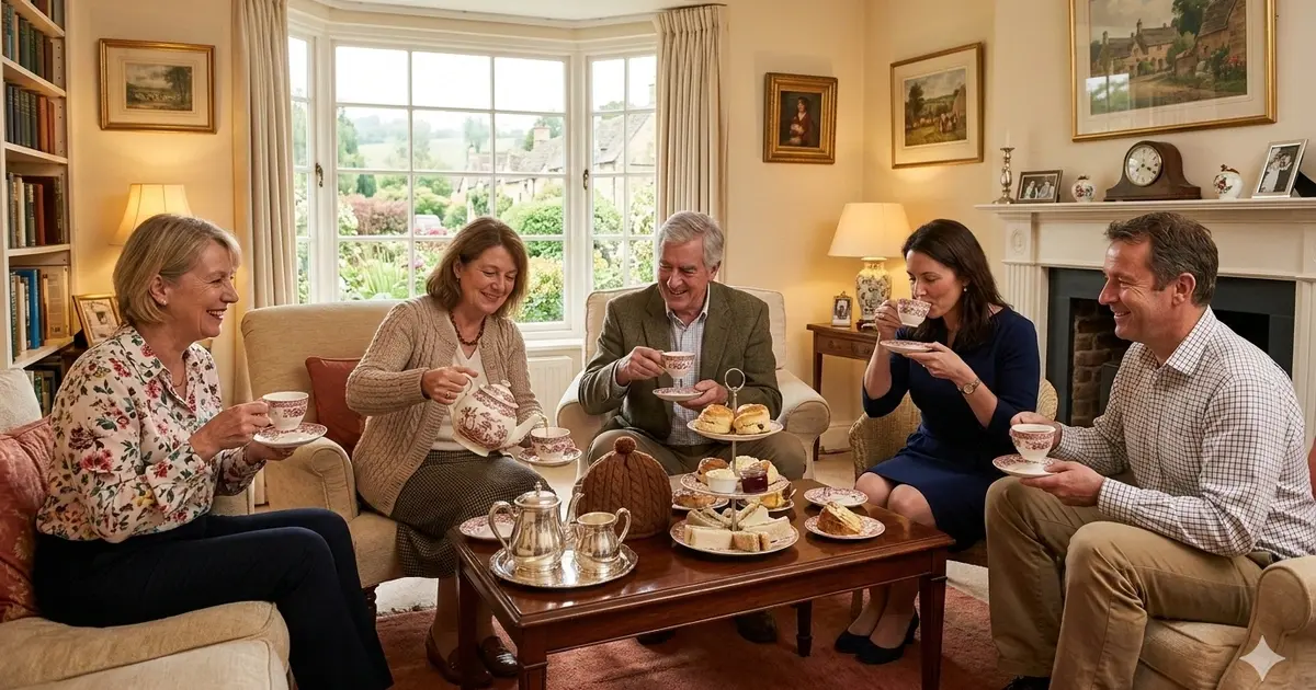 How Tea Upended Empires and Built Global Trade 10 A group of people at home enjoying tea and sweets.