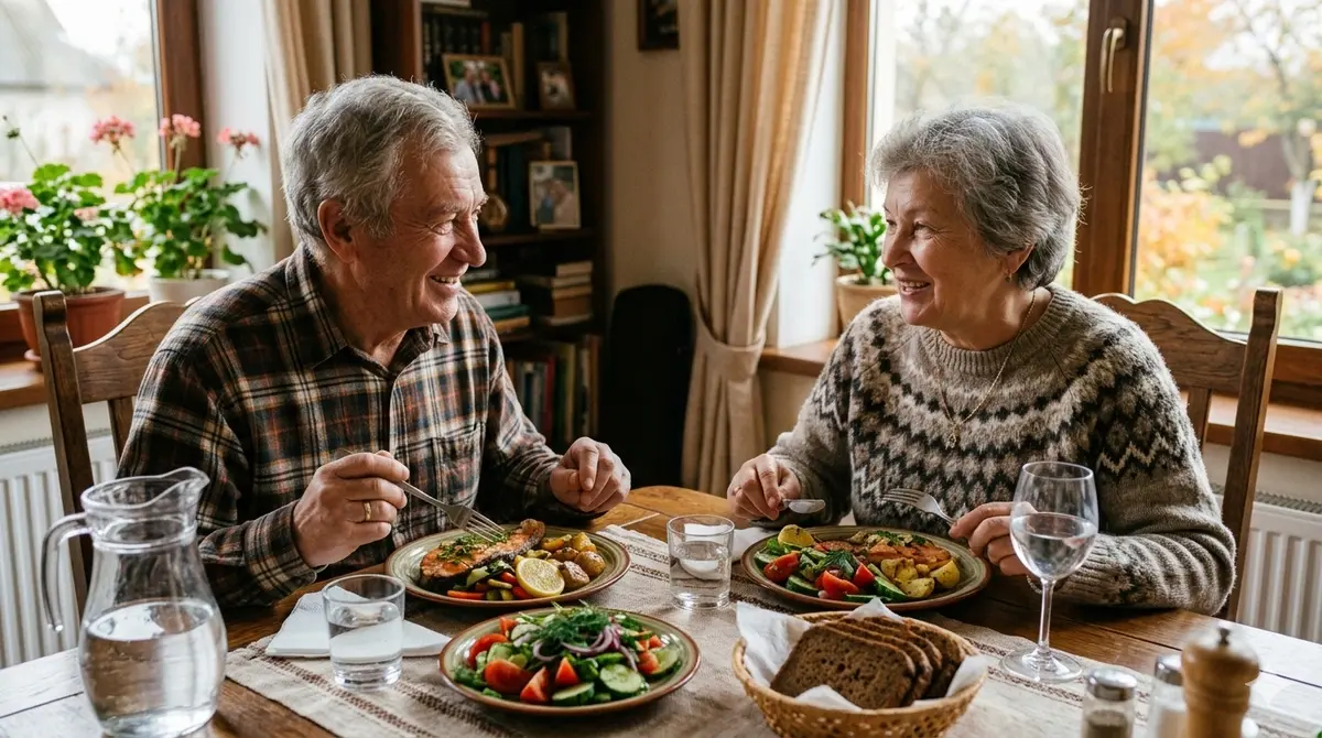 Man and woman eating fish and salad