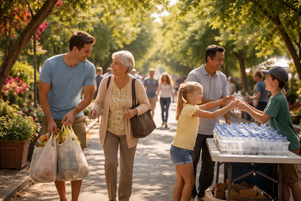 people in a park talking and helping older adults