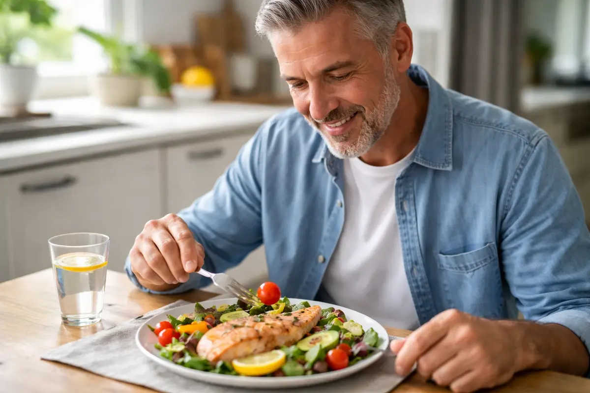 Six Doctor-Approved Ways to Protect Your Joints 5 A 50-year-old man eating baked fish with fresh vegetables
