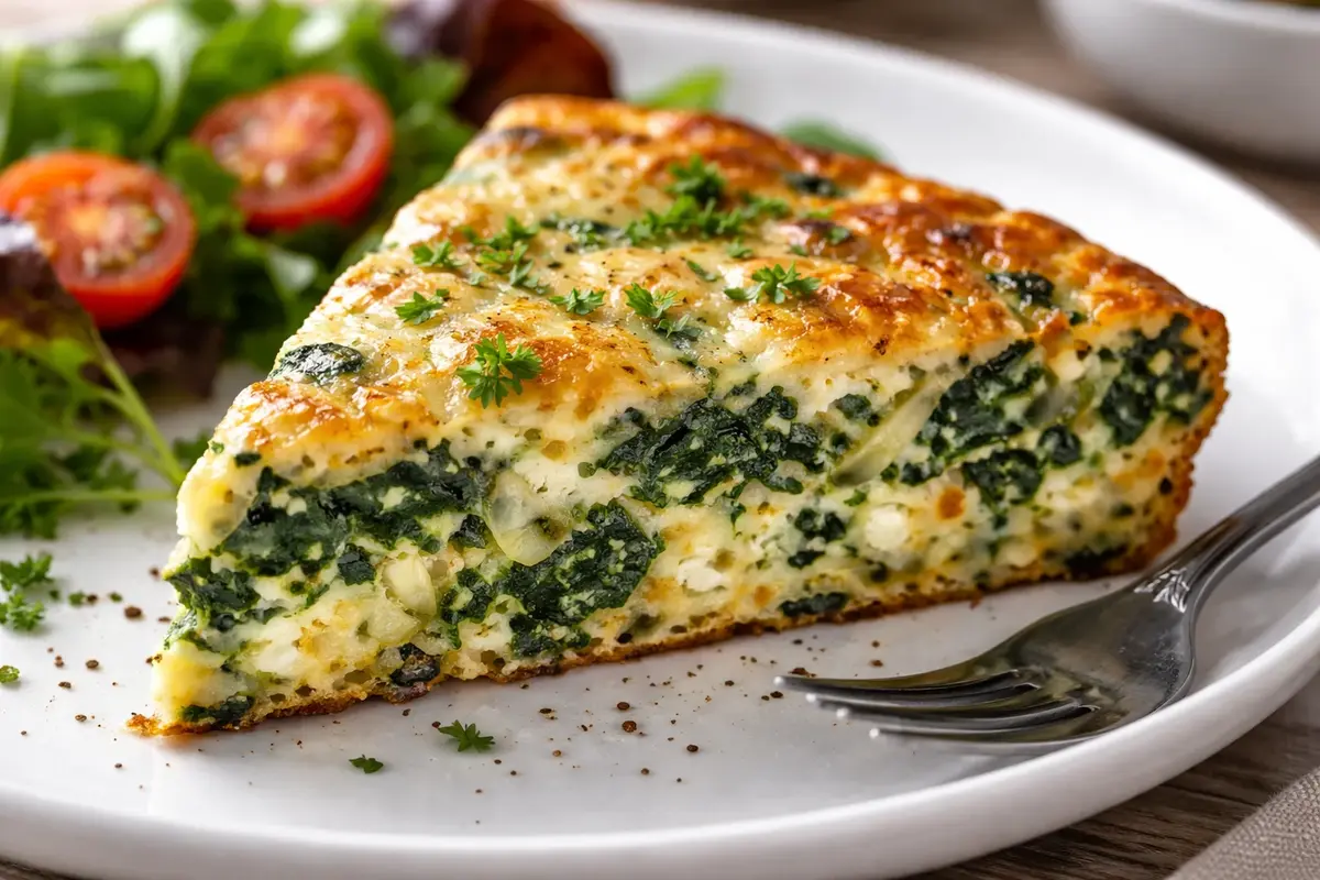 How to Make a Spinach-and-Cheese Frittata on the Stovetop or in the Oven 6 Slice of spinach and cheese frittata cut on a plate