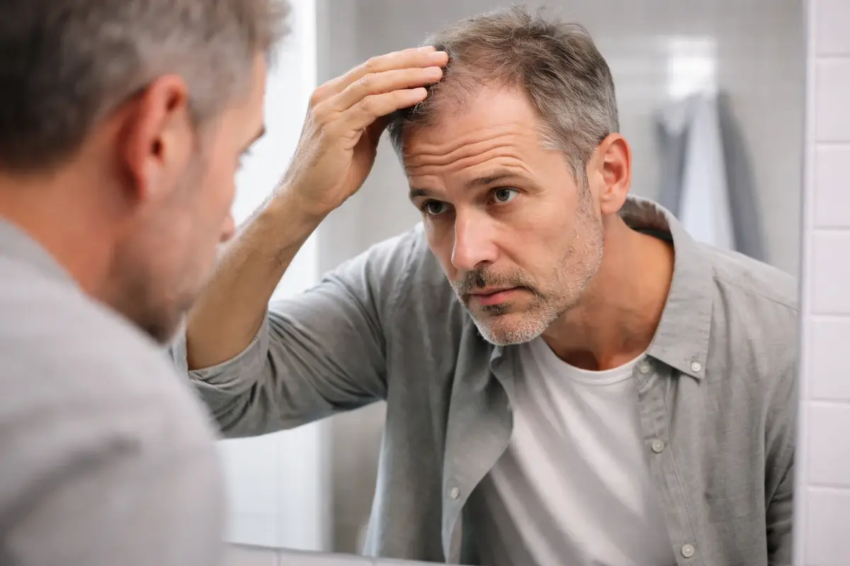 Midlife Health for Men: What to Watch and What to Do 6 Man looking in a mirror at thinning hair