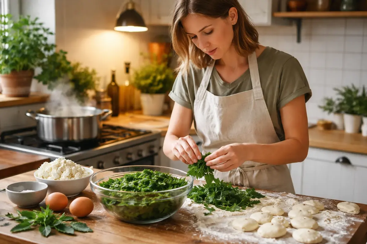 Nettle-and-Feta Dumplings: Step-by-Step Recipe and Chef Tricks to Prevent Runny Filling 4 Woman preparing nettle for the filling