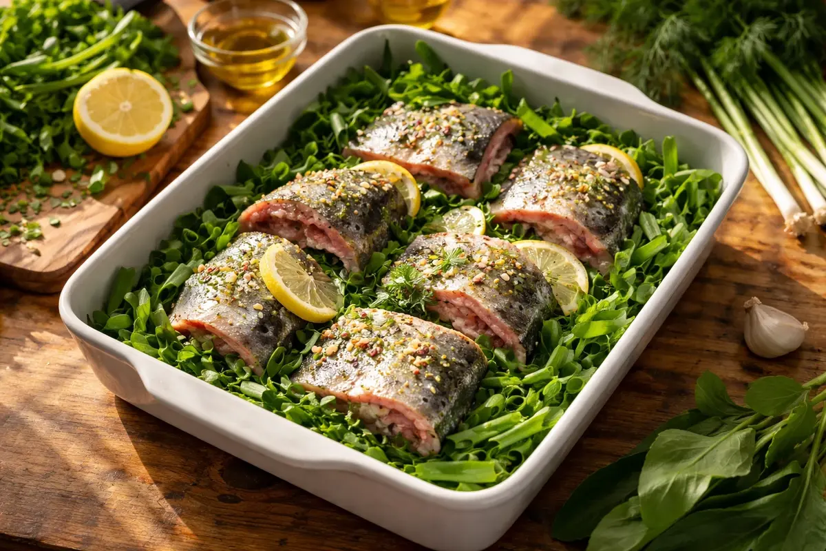 Trout Baked on a Sorrel and Herb Pillow 3 trout on a pillow of sorrel and herbs before baking