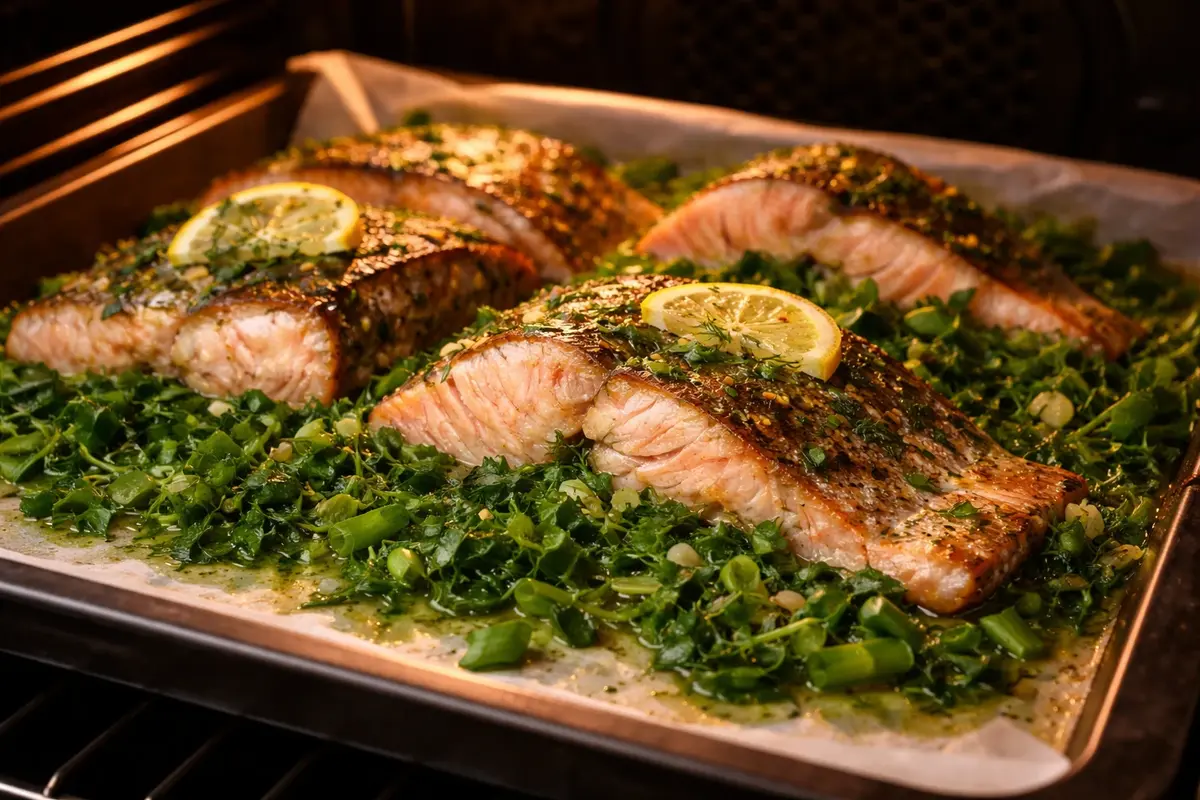 Trout Baked on a Sorrel and Herb Pillow 4 trout baked with sorrel in the oven