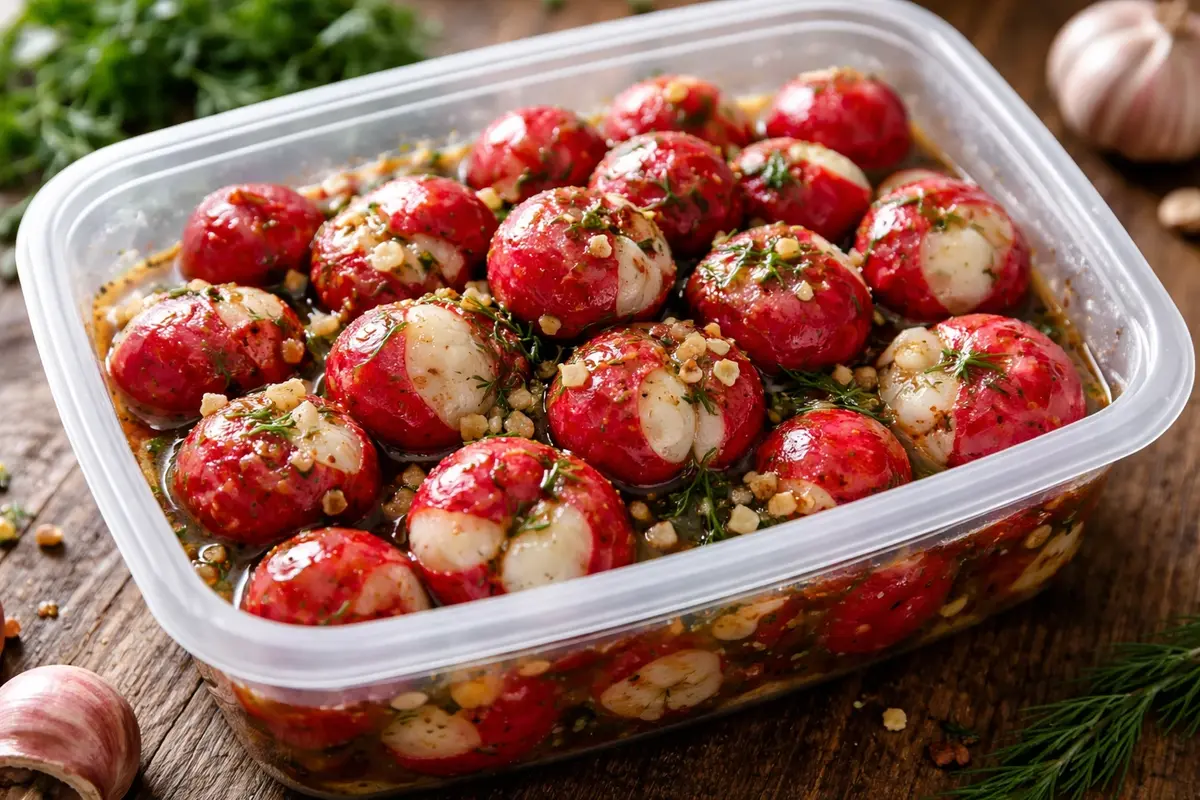 Smashed radishes in a garlic-and-dill marinade