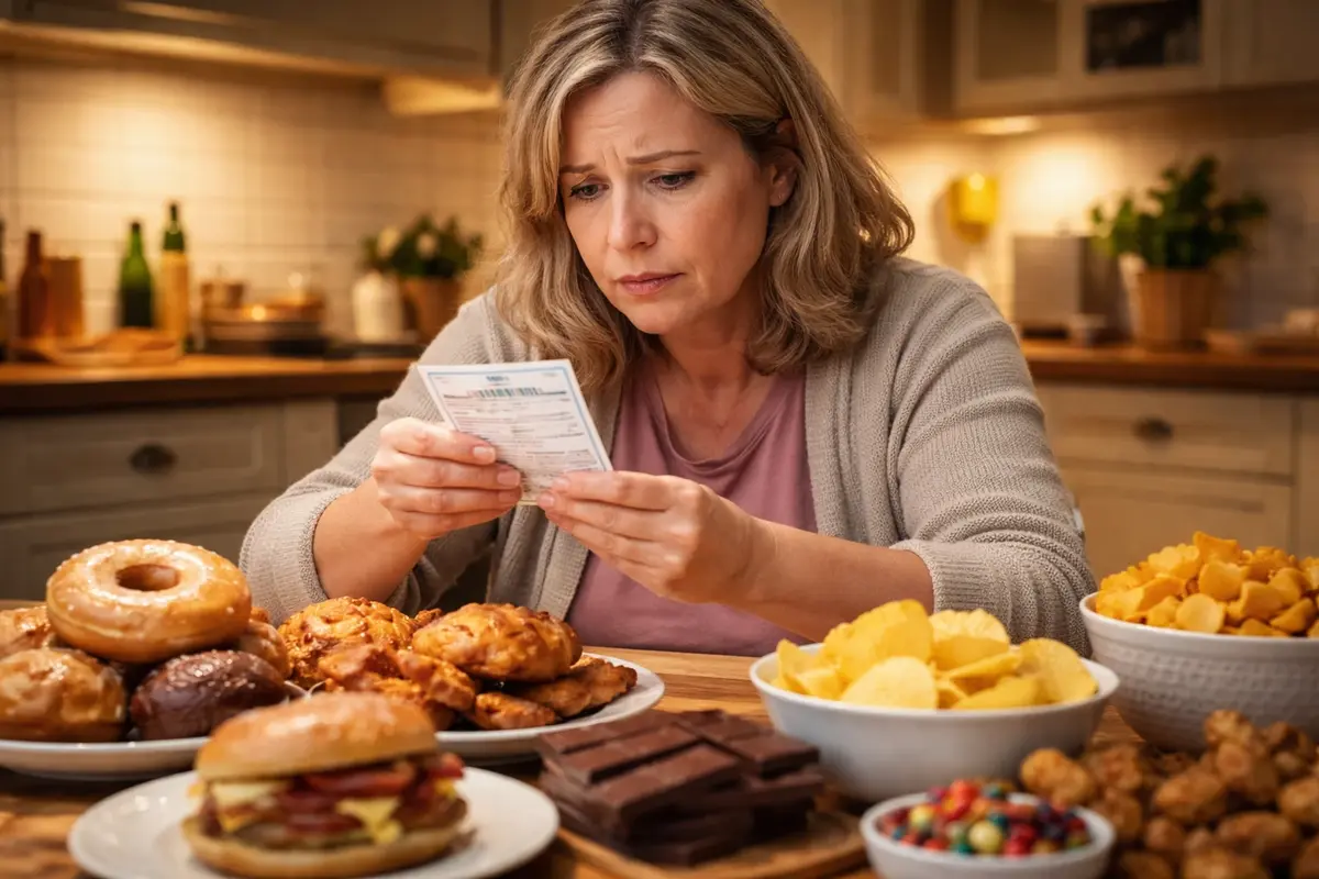 Why High Cholesterol Affects Slim People Too 4 Middle-aged woman sitting at a table with pastries