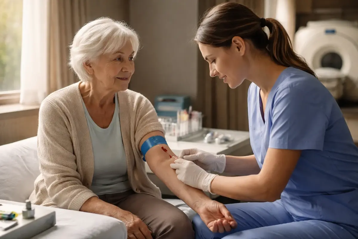 Why Higher Blood Vitamin C Is Tied to Better Brain Function 4 Nurse draws blood from an older woman