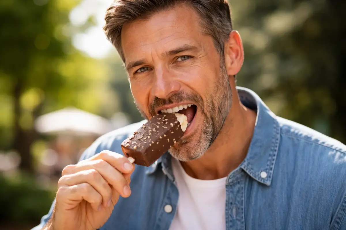 Bite, Lick, or Nibble: What Your Ice Cream Habit Says About You 4 Middle-aged man biting a chocolate-covered ice cream bar