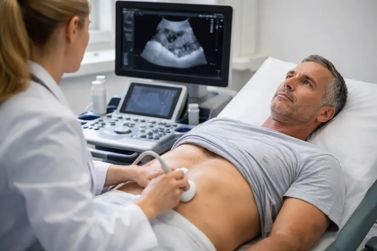 Bleeding Gums Might Be an Early Sign of Kidney Disease 3 Middle-aged man getting a kidney ultrasound in a hospital