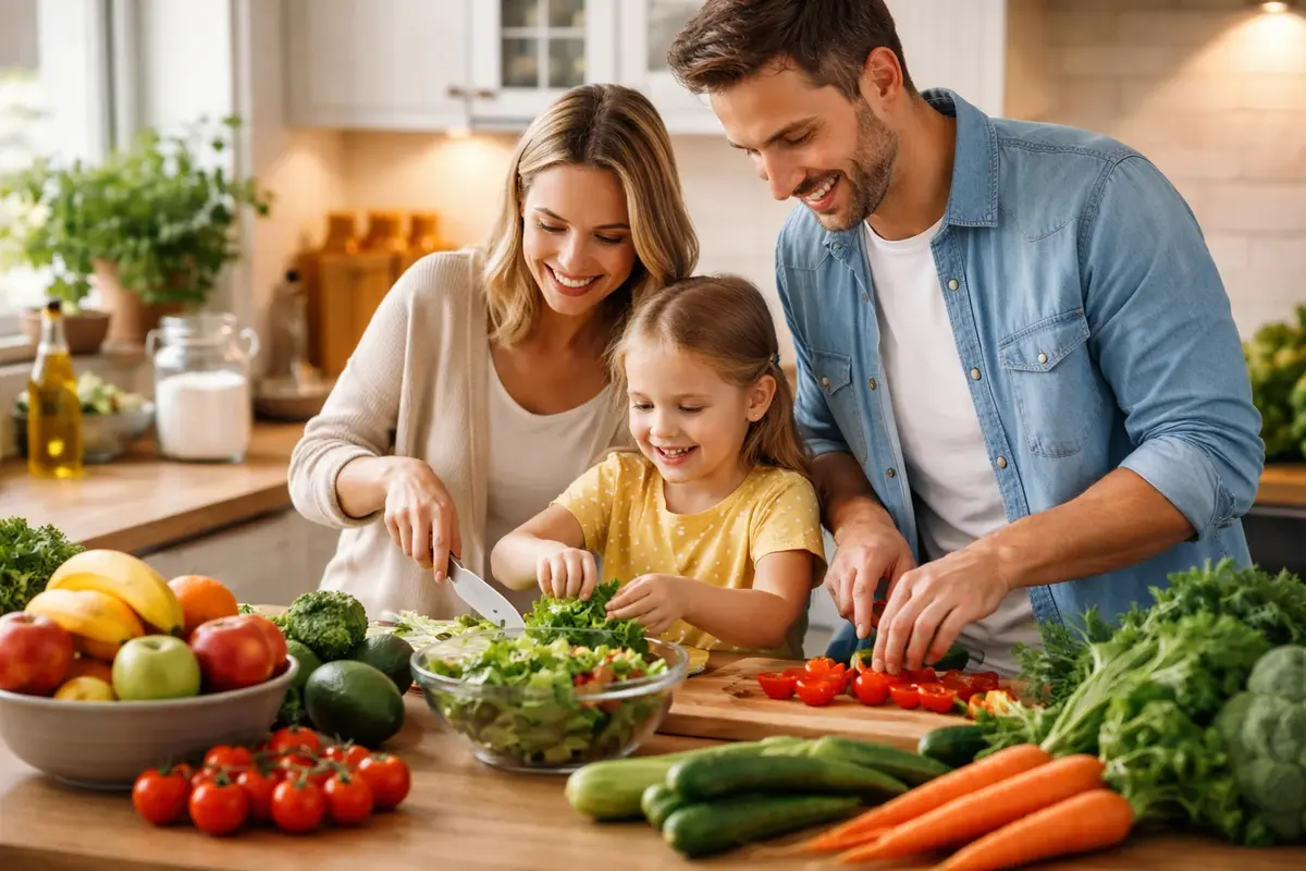 How Much Sugar Is Too Much, and When to Use Sweeteners 4 Parents and a child preparing a meal with vegetables at the table