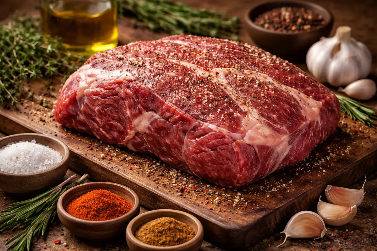 Ingredients for pull-apart beef: beef shoulder, garlic, and spices