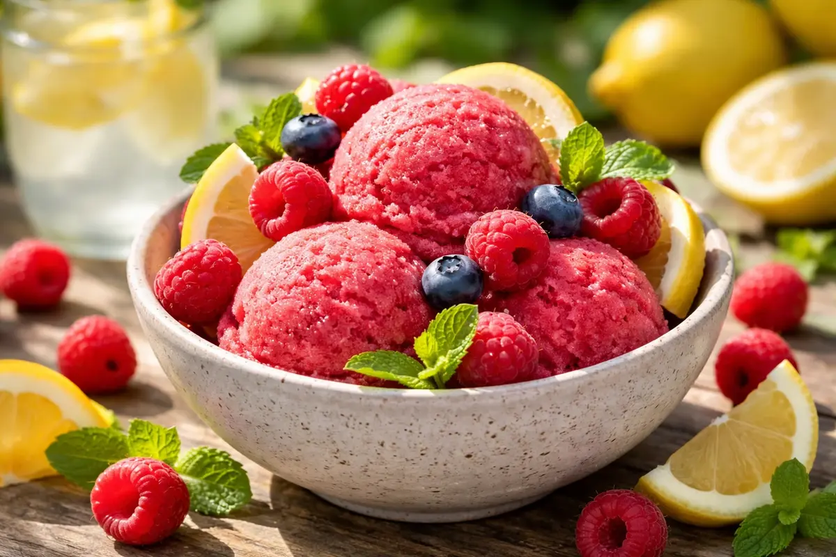 Raspberry Lemon Sorbet: A Light, Dairy-Free Scoop for Hot Days 6 Raspberry sorbet garnished with fresh berries