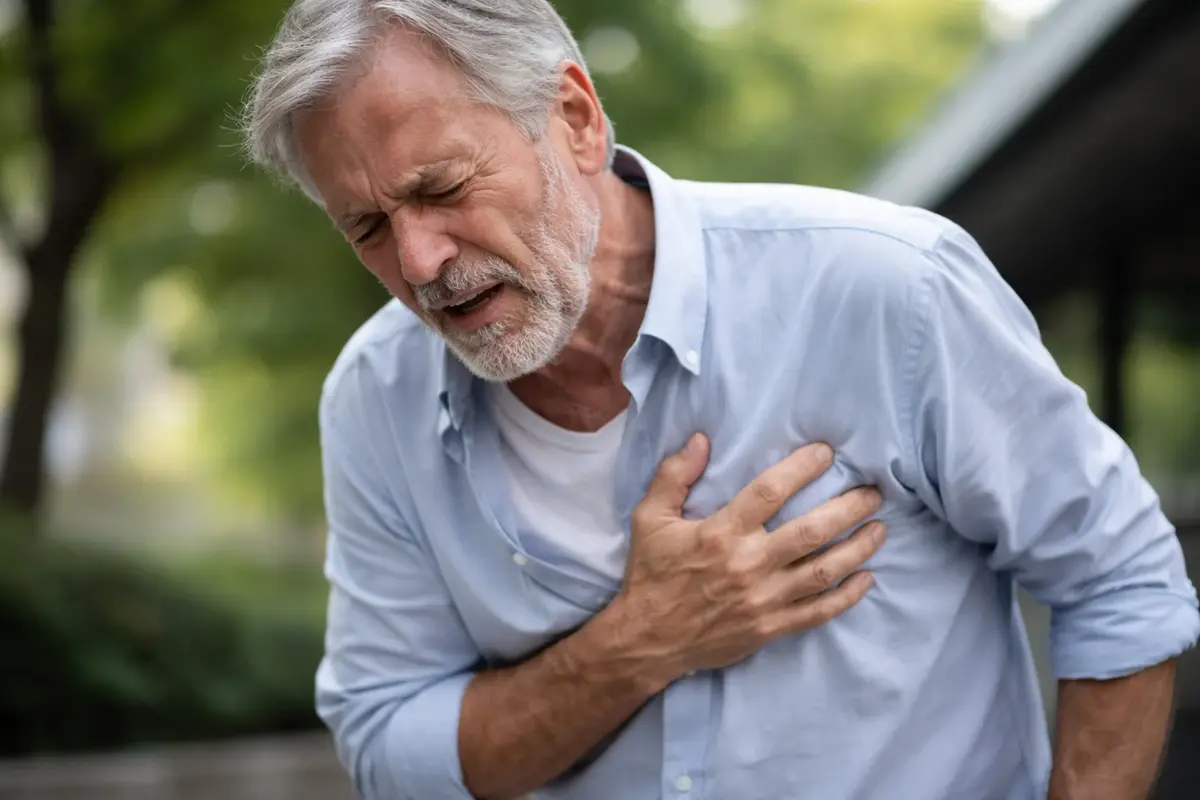 60-year-old man clutching chest, heart attack