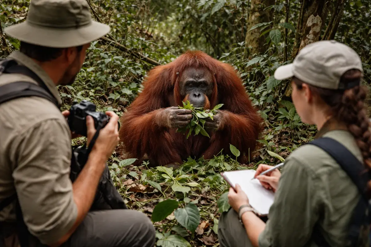 Why Orangutans Deliberately Choose Medicinal Plants 4 Researchers observe orangutans in the jungle